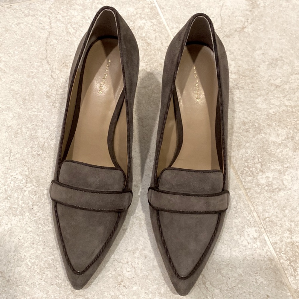 Ann Taylor Taupe Suede Pointed-Toe Loafers with Strap Detail